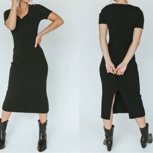 All:Row Black Ribbed Knit Sweetheart Neckline Back‎ Slit MIDI Dress